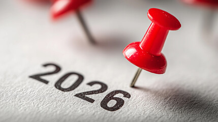 Red pin marks year 2026 on white paper,web banner,copy space,background,new year concept