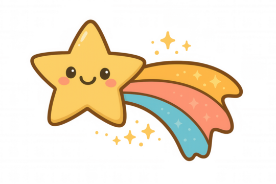 Cute shooting star character flying with a sparkling rainbow trail, expressing happiness, transparent background