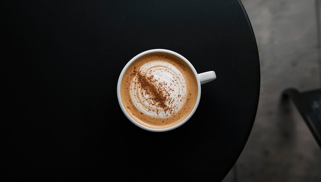 Overhead shot of a spiced milk tea beverage on a dark surface, vertical format