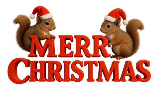 “Merry Christmas” text with squirrel in Santa hat. Nature. Winter. Cheer.