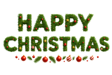 “Happy Christmas” text with pine branches and red baubles. Joy. Winter. Home.