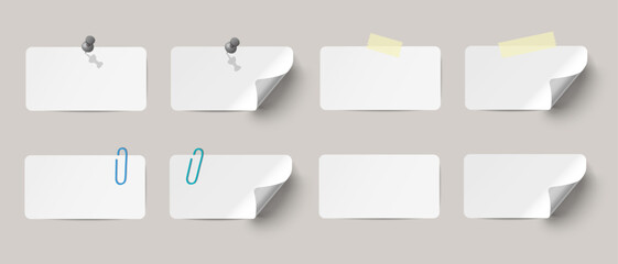 Vector white realistic banner paper adhesive stickers set with curved corner and pins, clips, and adhesive tape on transparent background.