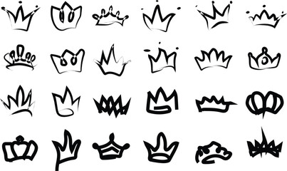 Collection of black ink brush stroke crown icons symbol © Merittka