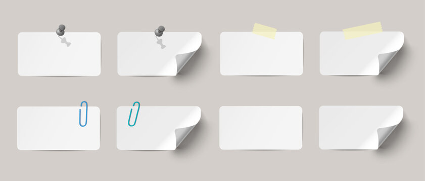 Vector white realistic banner paper adhesive stickers set with curved corner and pins, clips, and adhesive tape on transparent background.