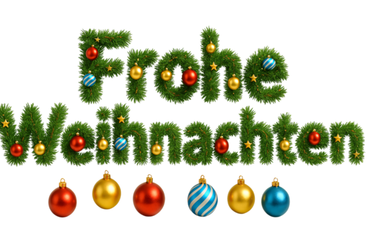 “Frohe Weihnachten” text with baubles and pine branches. Germany. Christmas. Traditions. - Powered by Adobe