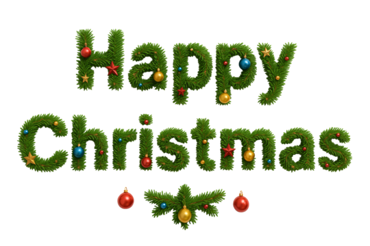 “Happy Christmas” text in pine style. Christmas. Decor. Warmth.