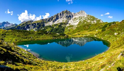 Alpine lake reflecting mountains