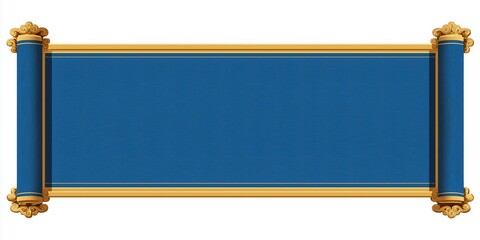 Chinese-style scroll,blank blue paper with golden border,spread out,rectangular,white background