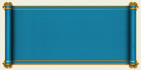 Chinese-style scroll,blank blue paper with golden border,spread out,rectangular,white background