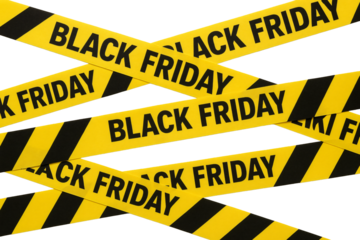 “Black Friday” warning stripes on yellow background. Discounts. Advertising. Promo.