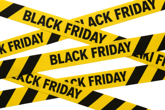 “Black Friday” warning stripes on yellow background. Discounts. Advertising. Promo.