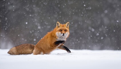 Fototapeta premium Red fox frolicking in a snowy landscape, surrounded by falling snowflakes. A vibrant orange fox enjoying the winter season with its bushy tail on display.
