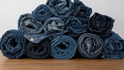 Stack of various rolled denim jeans forming a pyramid on a wooden surface. Upcycling old blue jeans with zero waste concept.