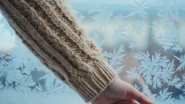 Hand in cozy sweater creating frost patterns on a cold winter window. 4k Video footage