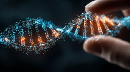 Closeup of hands holding dna double helix hologram biotech event laboratory setting scientific focus