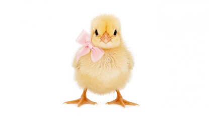 Fototapeta premium Young chick wearing a pink ribbon gazes forward, isolated.