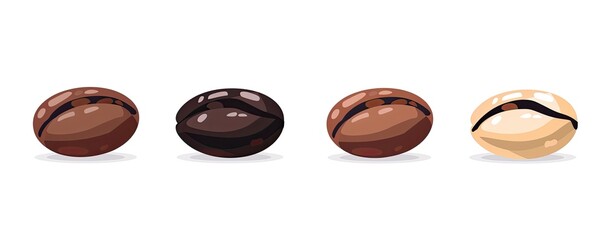 Coffee beans progress on white. Food illustration. Different roasts & brews