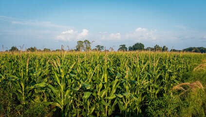 Obraz premium Lush green field of maize crops, fresh corn cobs
