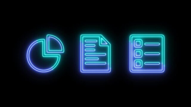 Glowing turquoise-blue icons depict a pie chart, a document, and a checklist against alpha channel neon visuals.