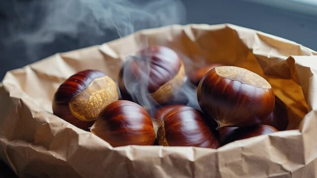 Steaming roasted chestnuts in brown paper bag &ndash; aromatic delight in cozy setting. 4k Video footage