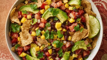 Fresh fruit salad with black beans, tomatoes, red onions, and crunchy tortilla chips