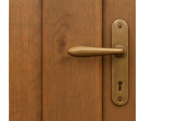 Obraz premium Close-up of a rustic wooden door with a sturdy brass door handle and visible keyhole, providing secure access