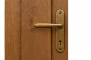 Close-up of a rustic wooden door with a sturdy brass door handle and visible keyhole, providing secure access