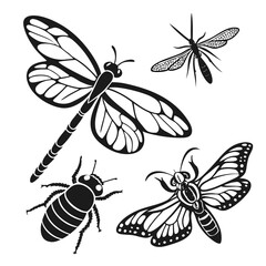 Collection of stylized black silhouette insects including a dragonfly a bee a moth and a mosquito on a white background