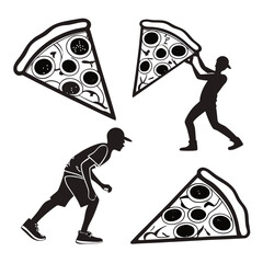 Dynamic silhouettes of young men interacting with slices of pizza in a playful and energetic composition
