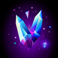 Abstract trendy cosmic poster with crystal gems and pyramid geometric shapes. Neon galaxy background. 80s style. Poster with geometric polygon pyramid or crystal. Vector illustration