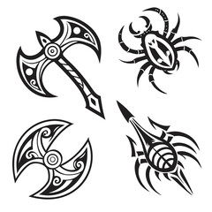 Tribal tattoo designs featuring a battle axe a crescent axe a scorpion and a stylized spider or crab on a white background