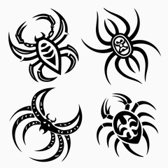 Collection of four stylized black tribal spider and scorpion tattoo designs on white background