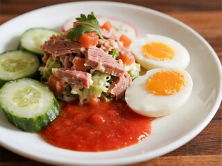 Tuna, Egg, Cucumber A salad with tuna, hard-boiled egg quarters, and cucumber
