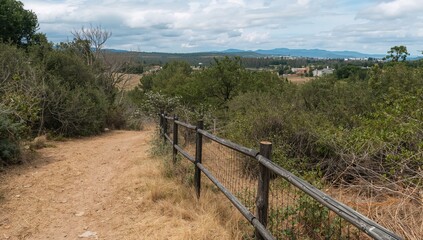 Fototapeta premium A weathered wooden barrier lines a dirt trail flanked by dry foliage and lush greenery. In the distance, shrubs, trees, and structures appear beneath a sky with scattered clouds.