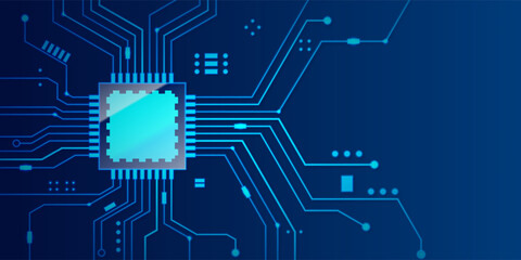 Microchip processor banner with blue background. Vector Illustration