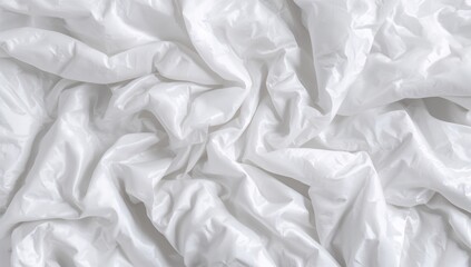 Obraz premium Detailed view of glossy white wrinkled polyester fabric on a bed, evoking warmth and comfort for home decor and laundry themes