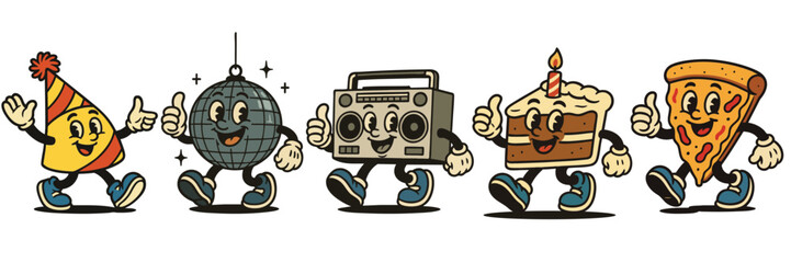 Vintage style happy cartoon characters of pizza, cake, disco ball, and radio dancing together in fun party mood