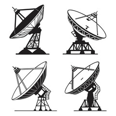 Collection of four black and white silhouette illustrations of various satellite dishes and radio telescopes on white background