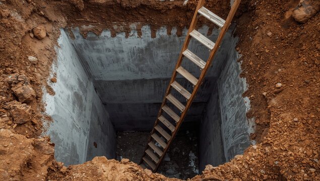 Descending into a deep excavation for building construction. Ensuring safety on site. Access ladder to concrete foundation levels. Climbing the ladder to achievement. Wooden steps for construction
