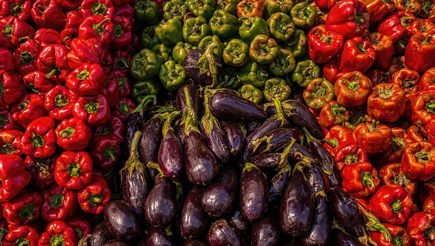 Vibrant red and green peppers alongside eggplants arranged in heaps at a bustling local market.
