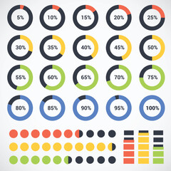 Collection of colorful progress circles and bar charts representing different percentages and data visualization elements