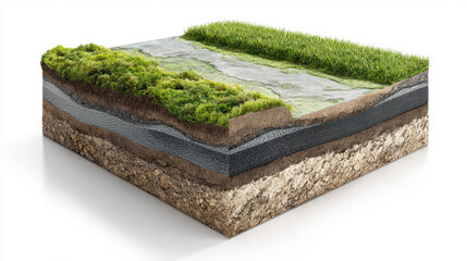 Cross-section of soil layers with grass, concrete, and earth, showing the ground. a detailed cross-section of the earth, revealing the layers of soil, concrete, and vegetation.
