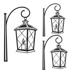 Set of three decorative vintage street lamps with glowing candles in a classic lantern design rendered as black and white line art on a white background