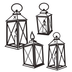 Collection of four vintage style black and white graphic lanterns with lit candles inside on a white background