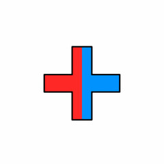 Fototapeta premium Geometric cross symbol shows four quadrants in bright red and blue on clean white background, representing concepts like contrast, division, connection, or simplified medical representation.