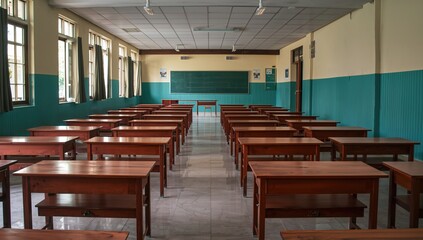 Naklejka premium Empty classroom featuring wooden desks and chairs, no students present during a pandemic lockdown