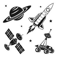 Collection of stylized black and white icons representing space exploration including a rocket ship saturn a satellite and a rover against a white background with stars © arshad