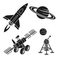 Collection of black silhouette icons representing space exploration including a rocket ship saturn a rover a planet and a lunar lander