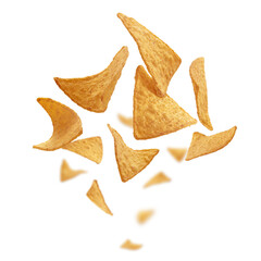 Fototapeta premium Corn chips of triangular shape levitate on a white background