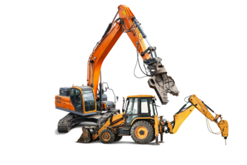 Construction equipment for demolition against an isolated background. Two excavators with demolition equipment.